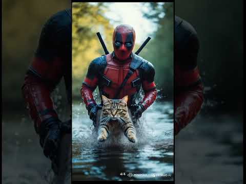 A cat is bathing in the river accompanied by the character Deadpool.#cat#cute#funny #deadpool#water