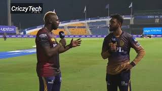 Andre Rusell funny interview with Varun Chakravarthy After IPL match Between RCB Vs KKR 2021