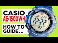 CASIO AE 1500WH 3502 HOW TO SET THE TIME DATE ALARMS And Use The STOPWATCH TIMER DUAL TIME