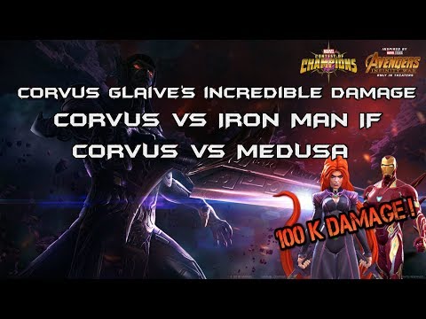CORVUS GLAIVE'S INCREDIBLE DAMAGES ! CORVUS VS IRON MAN IF & CORVUS VS MEDUSA.. 100K DAMAGE ! MCOC