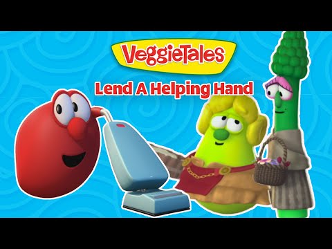 VeggieTales characters lend a helping hand, standing with a vacuum cleaner on a bright blue background.