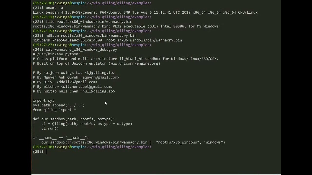 Qiling Framework - Running Wannacry PE32 on Ubuntu