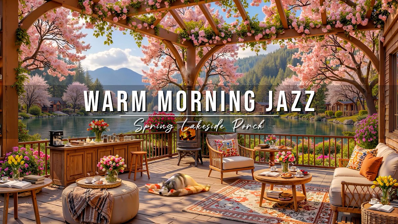 Warm Morning Jazz at Spring Lakeside Porch Ambience 🌸 Smooth Jazz Instrumental Music for Work, Relax