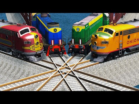 Four Trains vs Impossible Overlap Tracks Crossing Deepwater - BeamNG.Drive