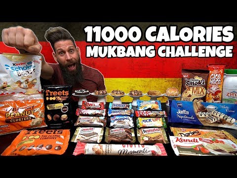 GERMAN SNACKS CHALLENGE (MUKBANG STYLE) - 11000 calorie - MAN VS FOOD