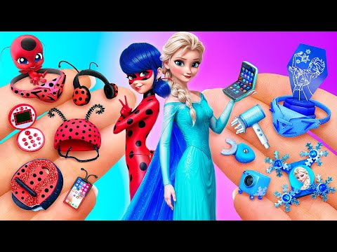 Elsa vs Ladybug! Miniature Gadgets and Mini Brands for Dolls!