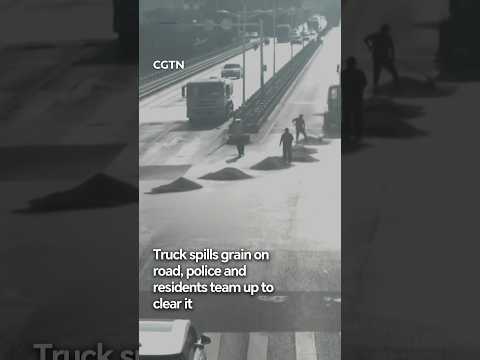 Truck spills grain on road, police and residents team up to clear it