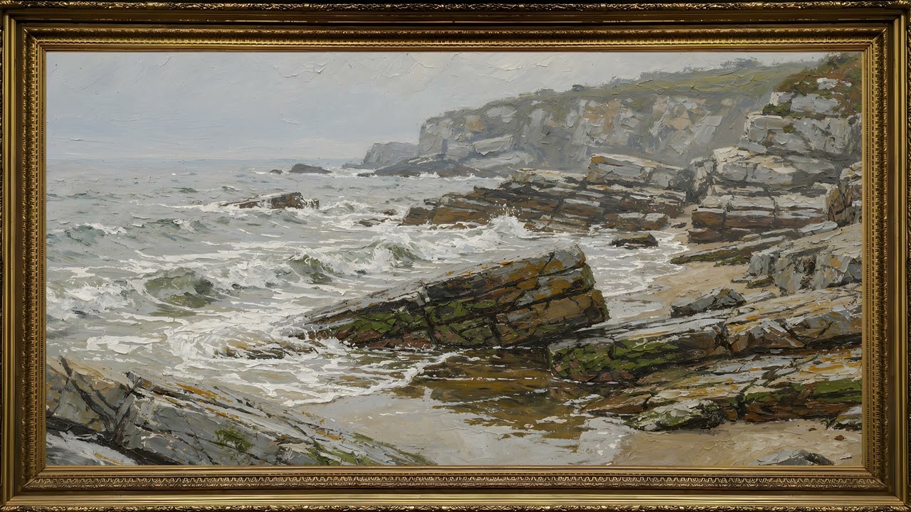 Rocky Coastal Oil Painting 🌊 4K Frame TV Art Gold Frame 2 Hours | Calm Ocean Ambience — 4K ambient art screensaver in baroque gold frame