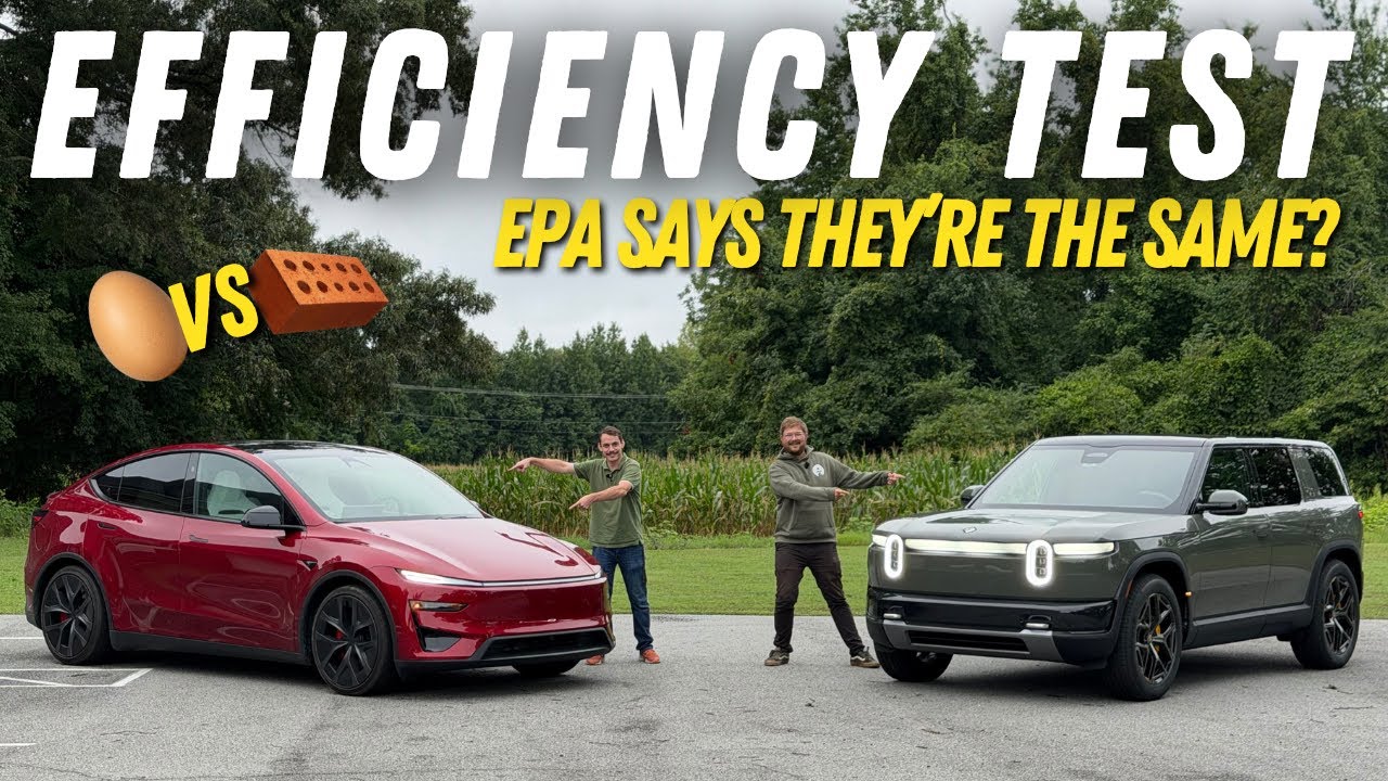 Rivian R2 and Tesla Model Y driving side by side during a highway efficiency comparison test