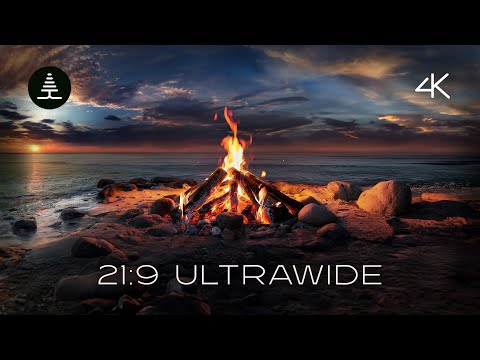 21:9 Ultrawide Beach Campfire | Soothing Bonfire with Ocean Waves 4k