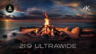21:9 Ultrawide Beach Campfire | Soothing Bonfire with Ocean Waves 4k