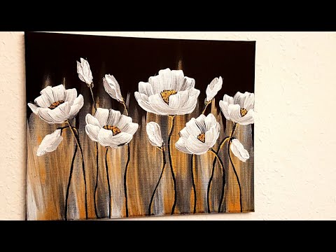 , title : 'Blumen Malen Acryl Weiß Schwarz Gold Anfänger - Flowers Acrylic Painting White Black Gold Beginners'