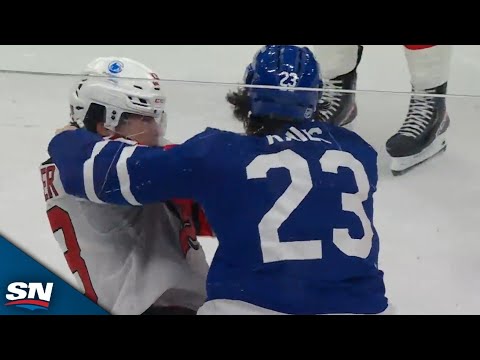 Maple Leafs' Matthew Knies Drops Gloves With Devils' Nico Hischier For Spirited Tilt