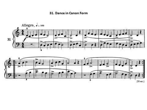Béla Bartók. Piano Mikrokosmos Volumen 1. 31 Dance in Canon Form Audición. Partitura