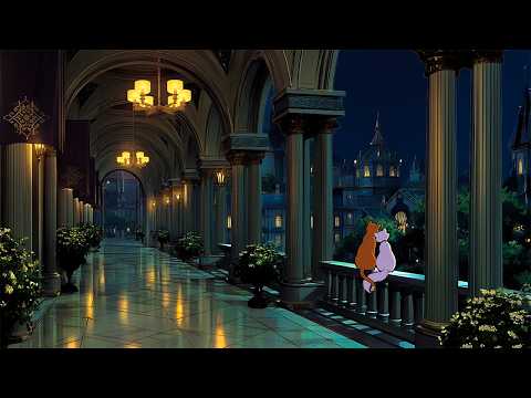 cozy rainy night with cats in a 1930s grand palace | vintage oldies disney music (rain sounds)
