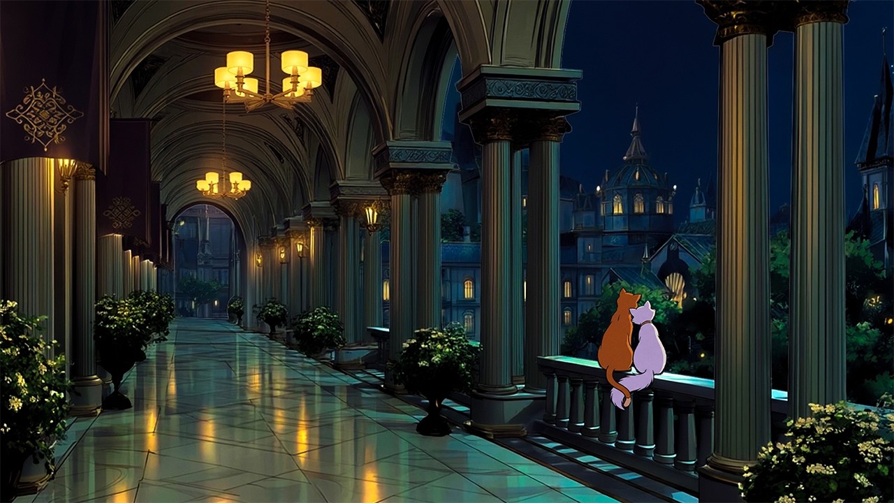 cozy rainy night with cats in a 1930s grand palace | vintage oldies disney music (rain sounds)