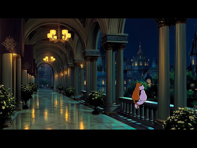 cozy rainy night with cats in a 1930s grand palace | vintage oldies disney music (rain sounds) SDDEFAULT Thumbnail