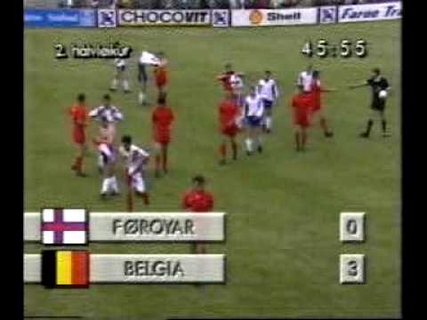 Faroes - Belgium 0-3. 1994 World cup qualifiers. 2nd half. Prime minister Kaj Leo in goal!