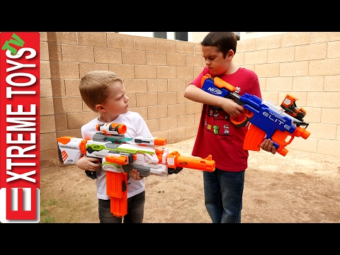 Nerf Gun Fight! Ethan with the Nerf Hyperfire Vs Cole with the Nerf Modulus Ecs-10 Blaster