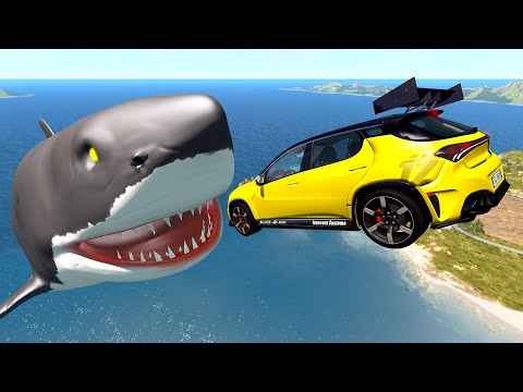 White Shark Attack - Car Jumping In The Mouth - Beamng Drive TrainWorld