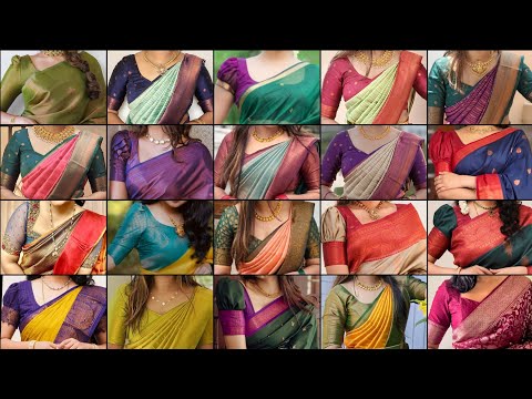 Beautiful Silk Sarees With Contrast Blouse Designs😍| Latest Silk Saree Blouse Front Neck Designs❤️|