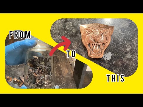 Melting Copper Dross and sand casting a jaguar car badge