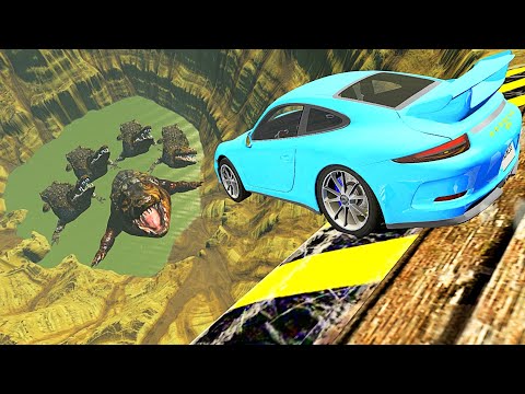 Car Jumps & Falls into Swamp with Hungry Alligators - BeamNG.drive