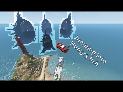 Cars jumping into hungry fish piranha - BeamNG Drive | CrashBlast