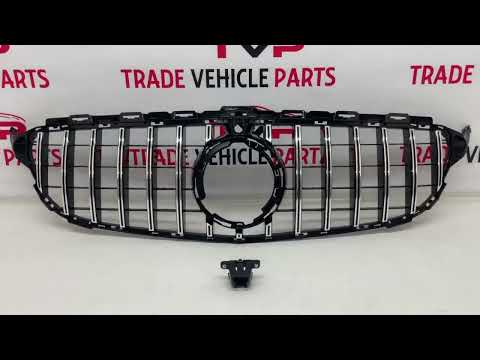 Fits Mercedes C Class W205 2018-2021 Front Bumper Grille Gloss Black With Chrome Slats With Camera Hole Sport video