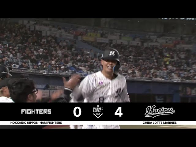 【8回裏】待望の一発!! マリーンズ・中村奨吾 レフトへのソロホームランで今季初打点!! 2025年4月16日 千葉ロッテマリーンズ 対 北海道日本ハムファイターズ