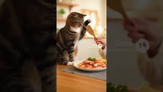テーブルの料理を食べるのを諦めない猫