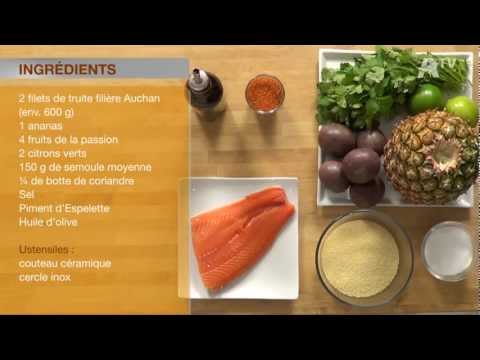 Auchan Recette - Sashimi de truite mariné passion-citron vert, semoule ananas-coriandre