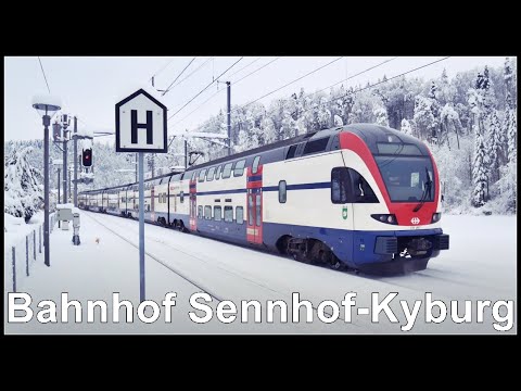 small snowy swiss railway station / Züge beim Bahnhof Sennhof-Kyburg, Kanton Zürich, Schweiz 2021