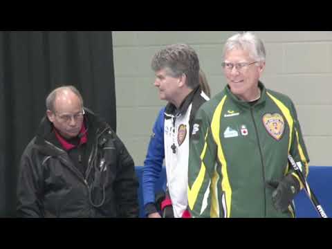 Bryan Cochrane snaps his broom in half sweeping behind tee line (2018 Canadian Seniors)
