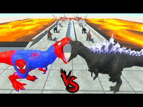 SPIDERMAN T REX vs GOJIRASAURUS  BATTLE RACE COMPETITION - Animal Revolt Battle Simulator
