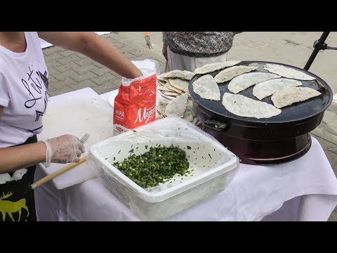 Azerbaijan Street Food. Yummy Kutabi, Savory Pancake Tasted in Minsk, Belarus