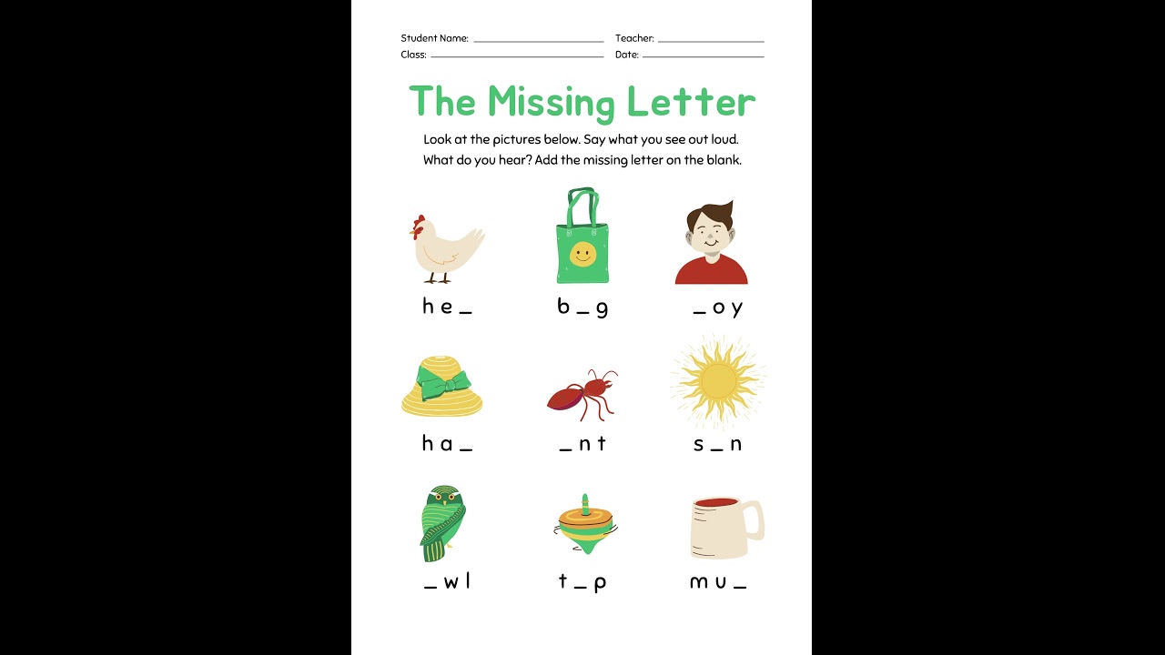 Colorful English Spelling Missing Letter Activity Printable Worksheet