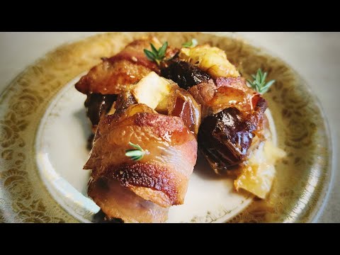 Datteri ripieni di brie e noci avvolti da pancetta o bacon per antipasto o aperitivo