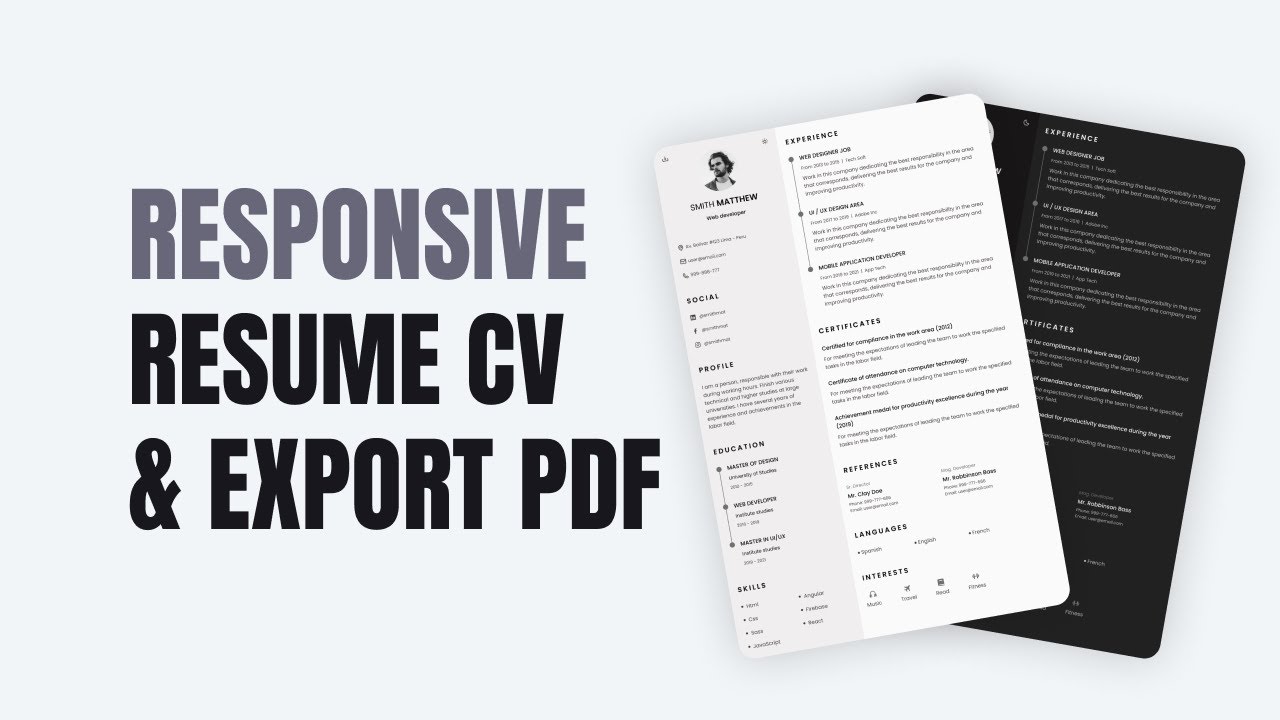 Responsive Resume Cv Website Using HTML CSS And JavaScript | Light/Dark Theme & Export PDF