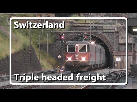 Triple headed freight train passes through Wassen station!