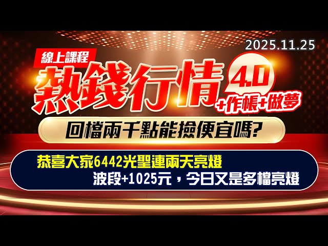 20251125《股市最錢線》#高閔漳 “線上課程，熱錢行情4.0+作帳+做夢，回檔兩千點能撿便宜嗎？ ”“恭喜大家6442光聖連兩天亮燈，波段+1025元，今日又是多檔亮燈”