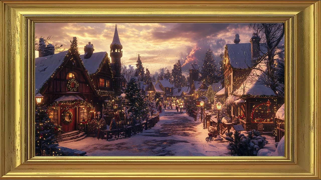 Snowy Christmas Village | Art Framed Screensaver | Art for Your TV | 4K 🎄🔔🎄