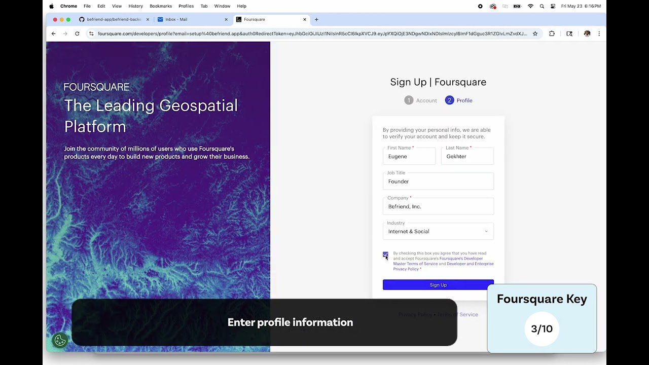 Befriend Developer: Foursquare API Key Setup