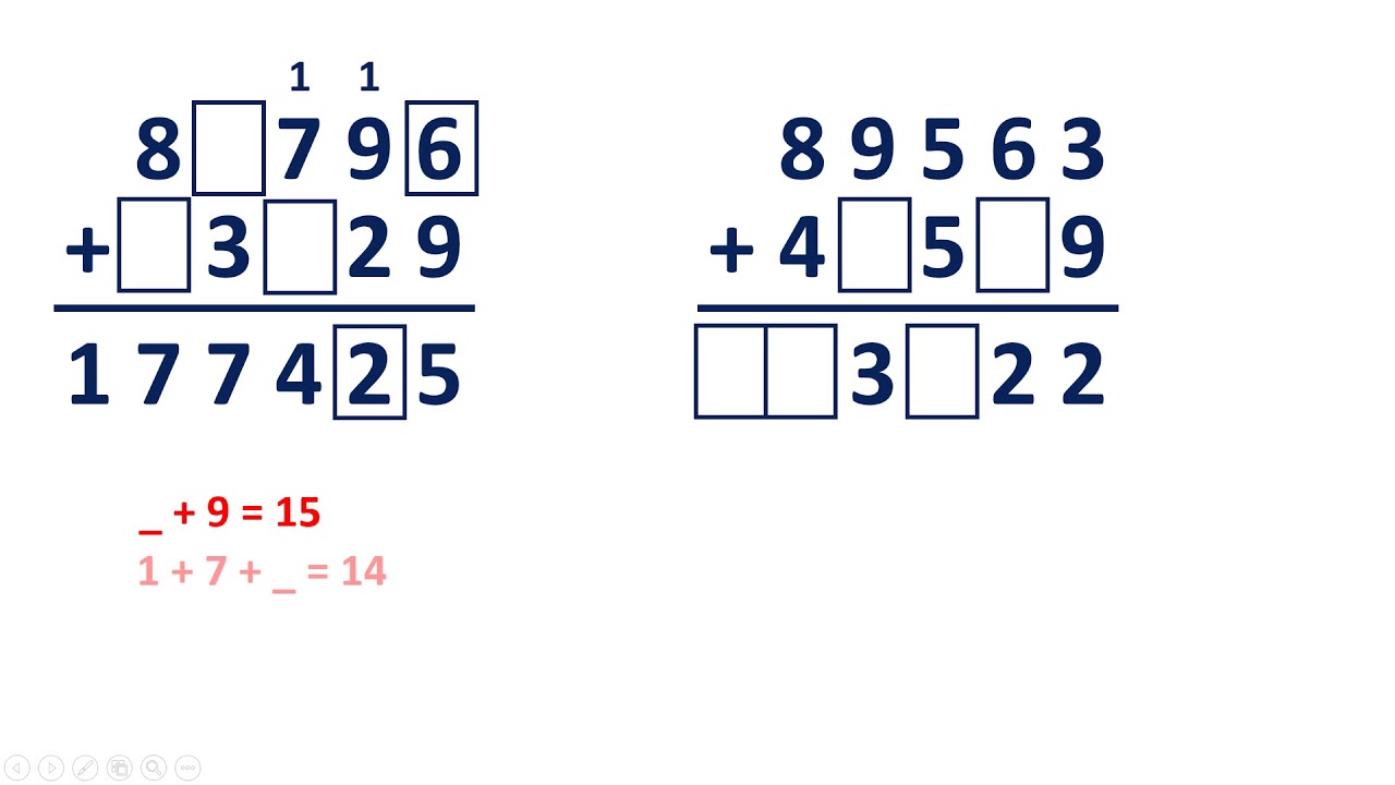 Solve addition problems with missing digits