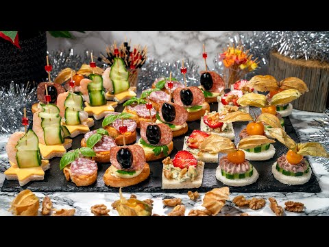Best Starters for party at home. Salami Ring, shrimps, physalis, olives snacks recipes