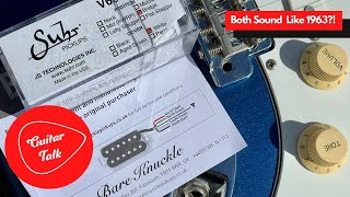 Video thumbnail for Guitar Talk - Bare Knuckle 63 Veneer vs Suhr V63 Single Coil Strat Pickups by Guitar Talk | Guitar Gear Giveaway