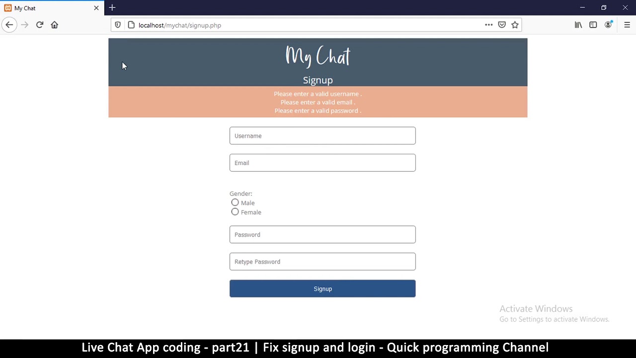 Live chat app | Part21 Fixing signup bugs | Javascript, AJAX, HTML, CSS, JSON, PHP, MYSQL Tutorial