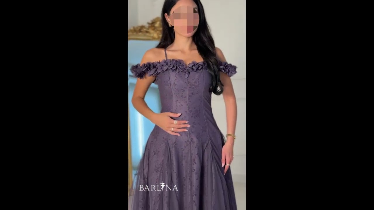 فستان تل دانتيل بنفسجي بياقة موردة - XL