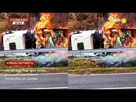 Vídeo: Carreta pega fogo após tombar e congestiona a Rodovia Fernão Dias, em Cambuí.