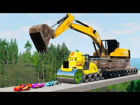 BIG & small ESCAPE ROLLER ROAD MACK TRUCK WITH EXCAVATOR VS CARS LIGHTNING MCQUEEN IN BEAMNG DRIVE